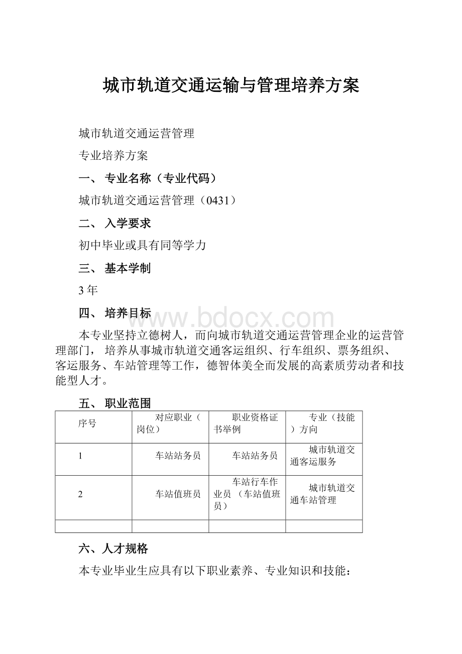 城市轨道交通运输与管理培养方案.docx_第1页