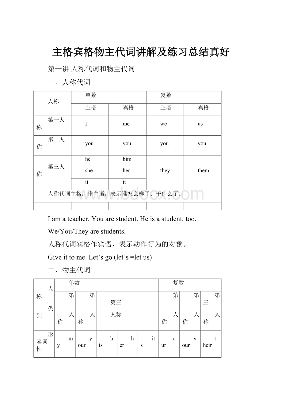 主格宾格物主代词讲解及练习总结真好.docx