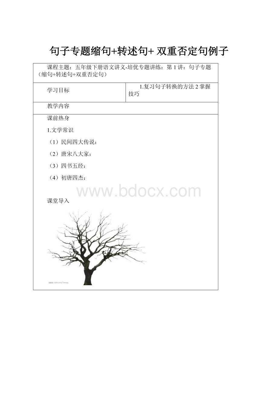 句子专题缩句+转述句+ 双重否定句例子.docx