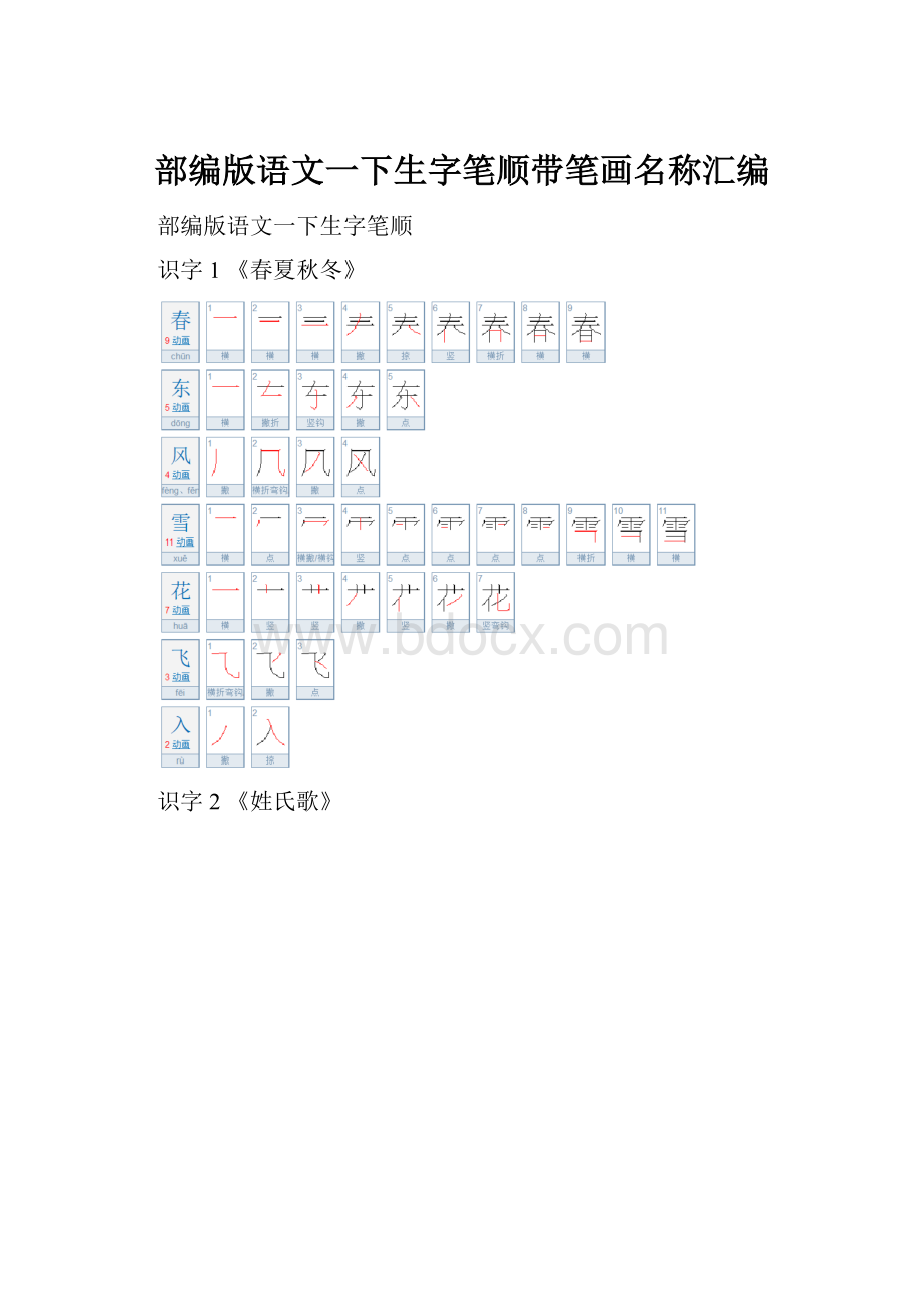 部编版语文一下生字笔顺带笔画名称汇编.docx