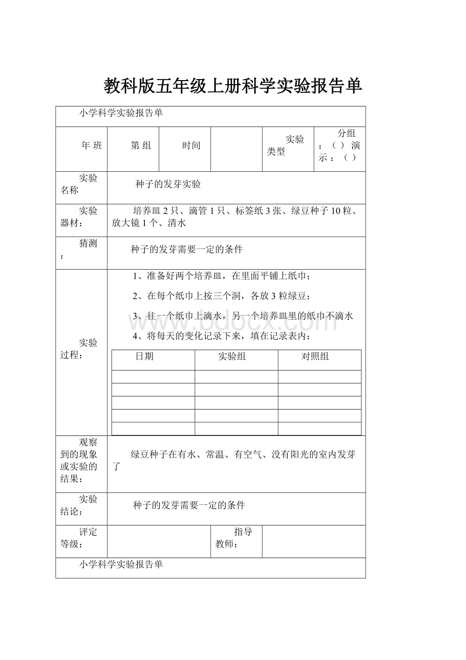 教科版五年级上册科学实验报告单.docx_第1页