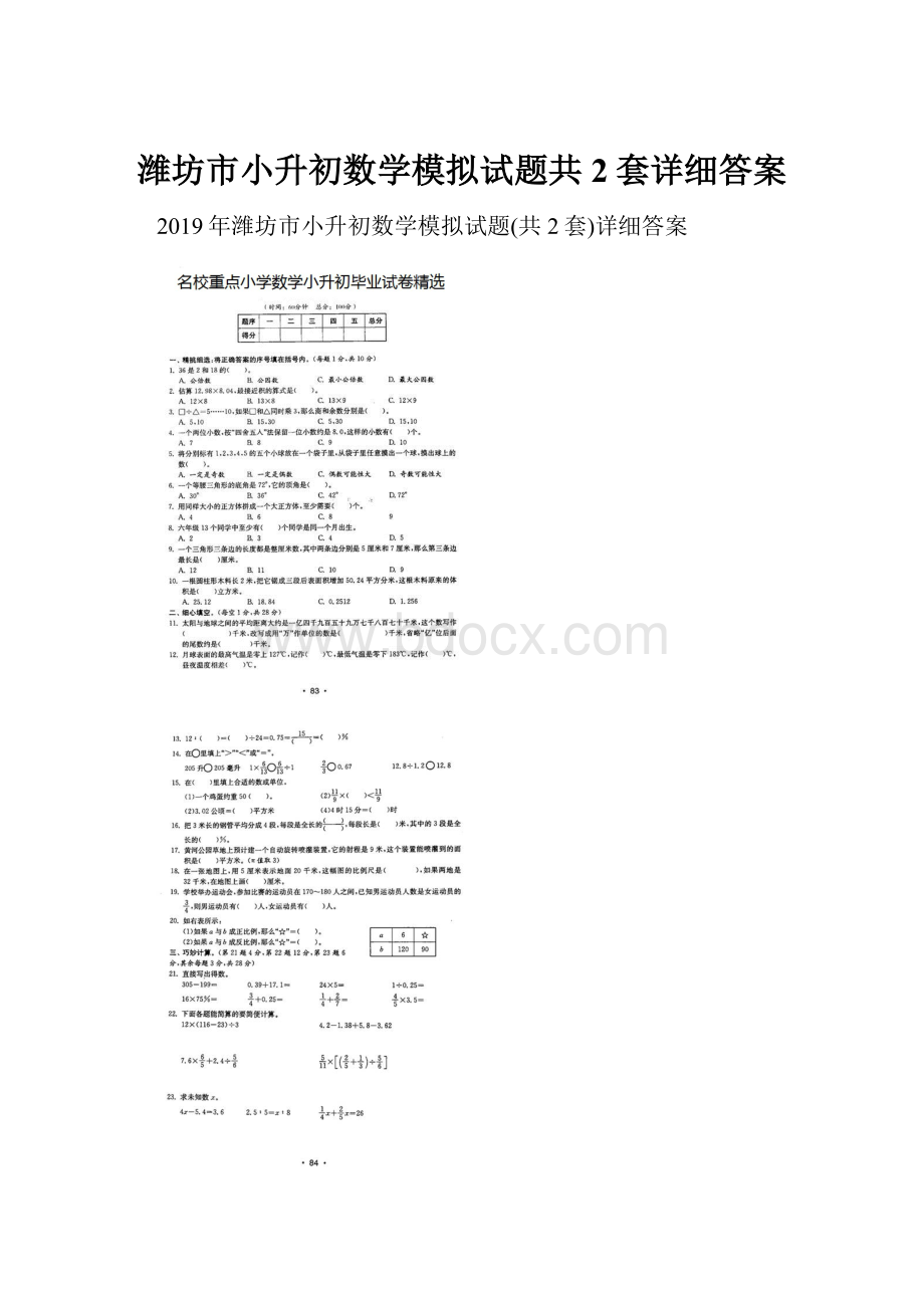 潍坊市小升初数学模拟试题共2套详细答案.docx_第1页