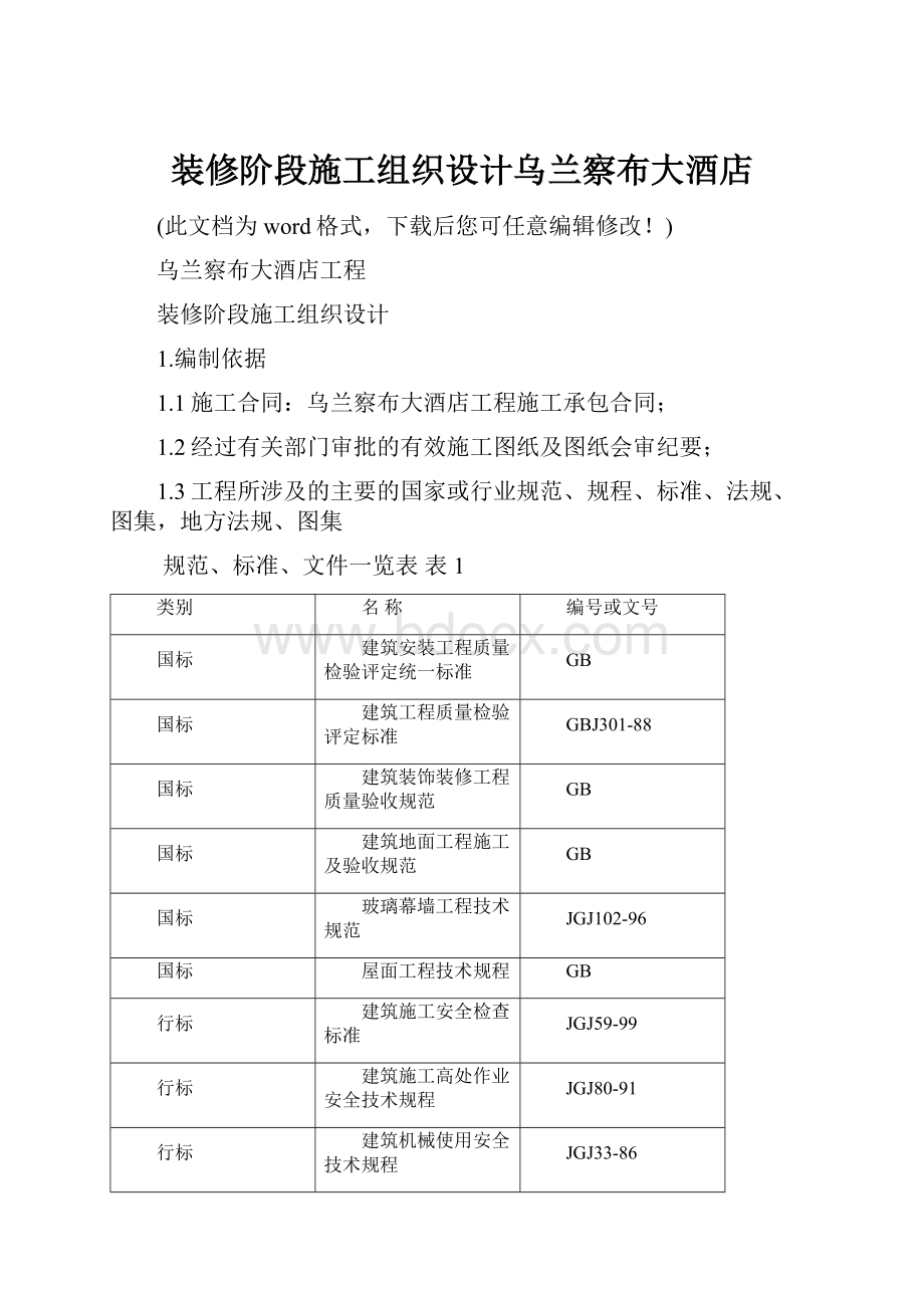 装修阶段施工组织设计乌兰察布大酒店.docx_第1页