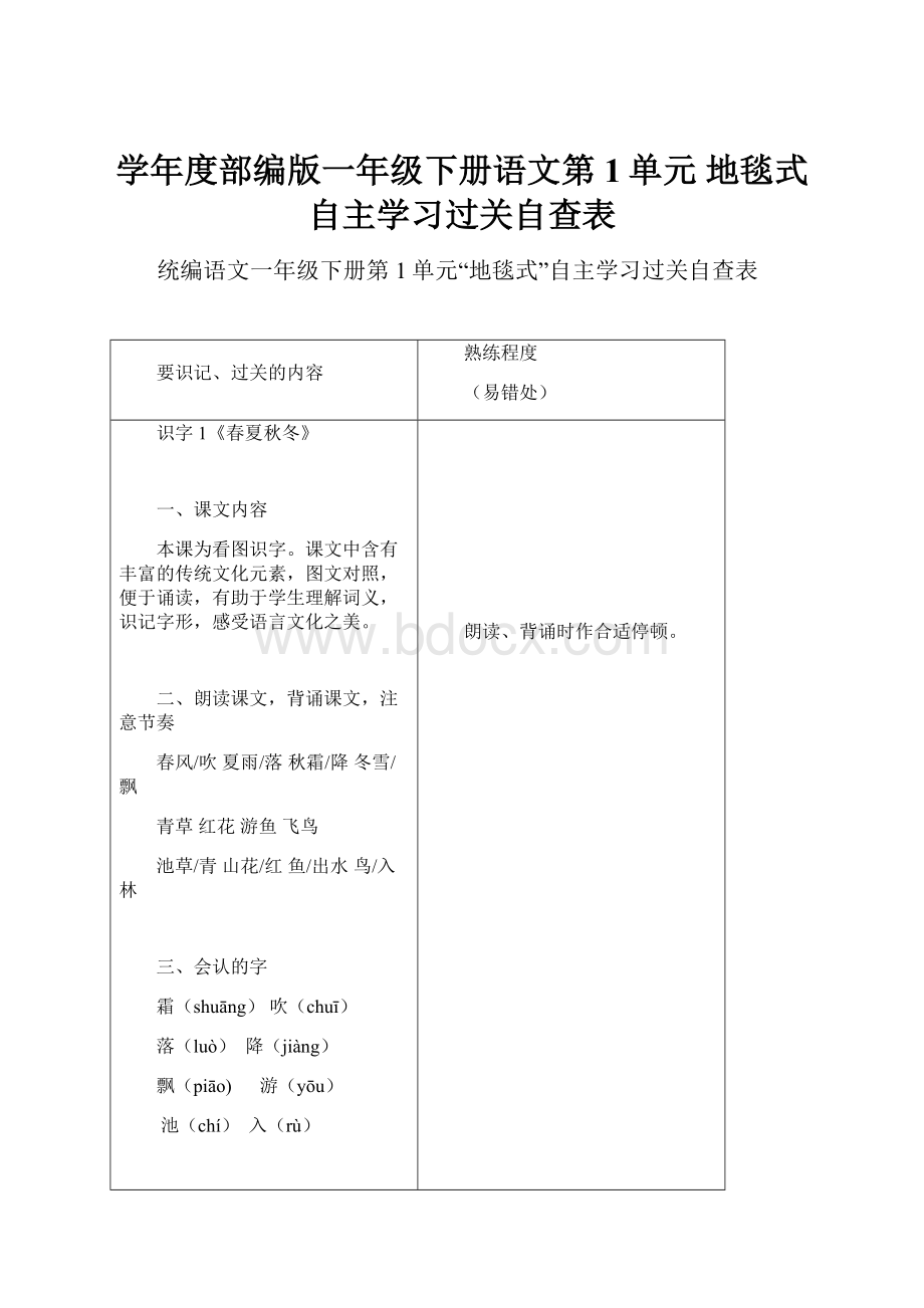 学年度部编版一年级下册语文第1单元地毯式自主学习过关自查表.docx