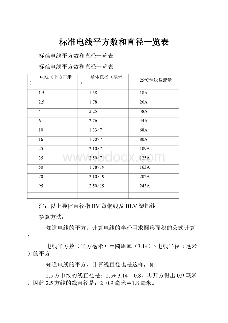 标准电线平方数和直径一览表.docx