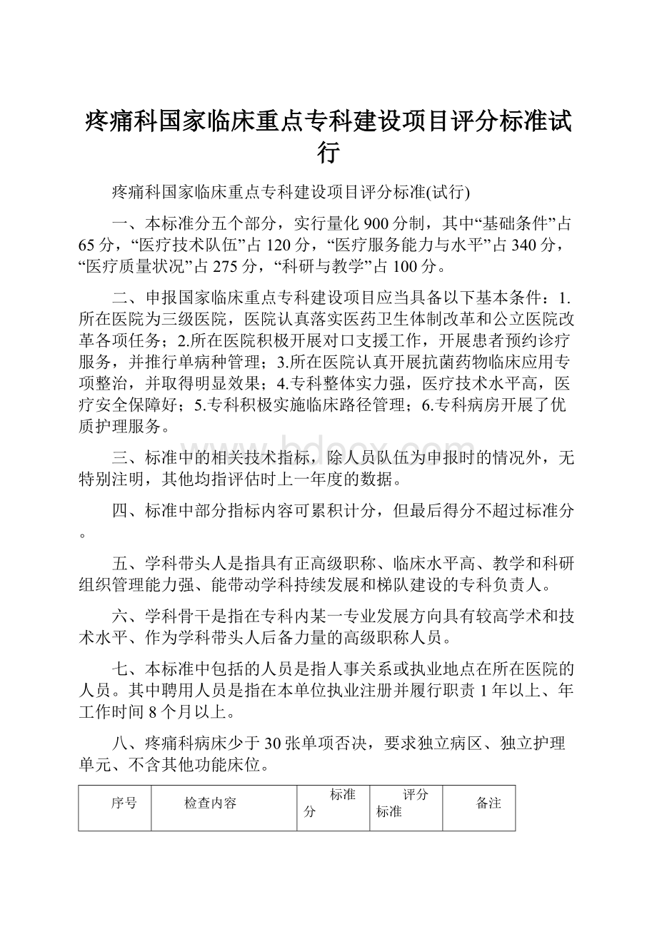 疼痛科国家临床重点专科建设项目评分标准试行.docx