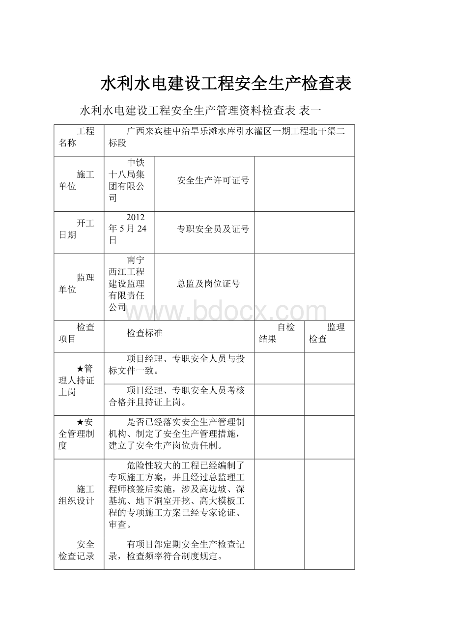 水利水电建设工程安全生产检查表.docx_第1页