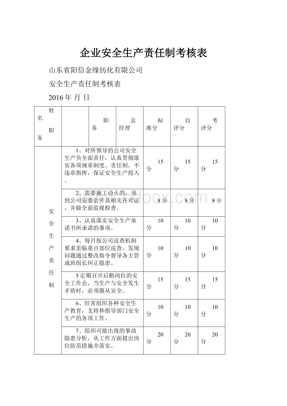 企业安全生产责任制考核表.docx_第1页