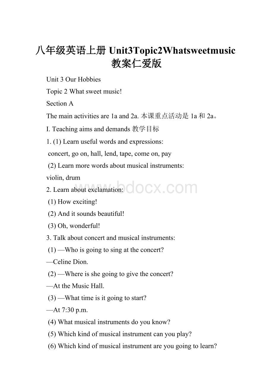 八年级英语上册Unit3Topic2Whatsweetmusic教案仁爱版.docx