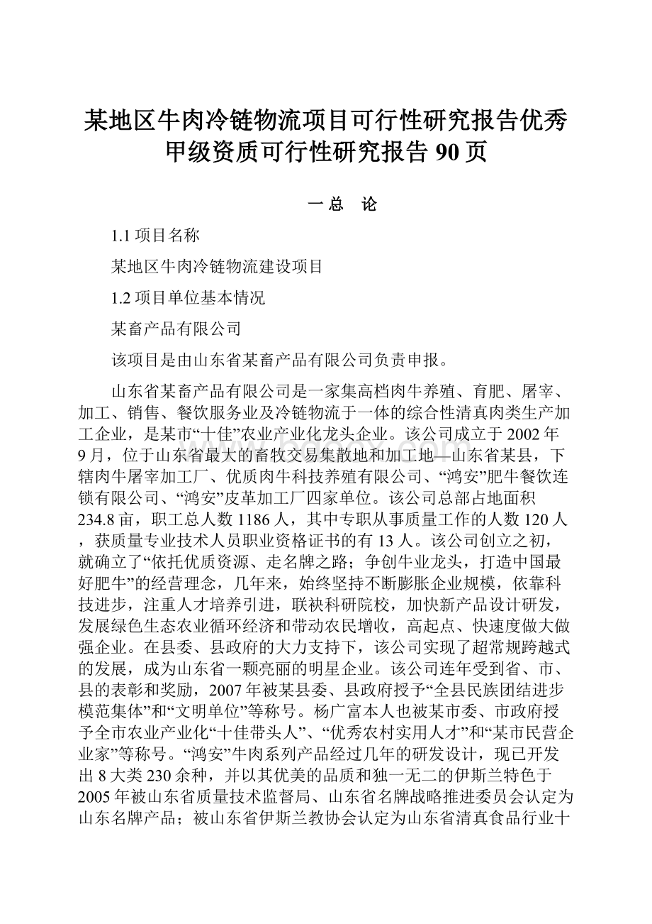 某地区牛肉冷链物流项目可行性研究报告优秀甲级资质可行性研究报告90页.docx_第1页