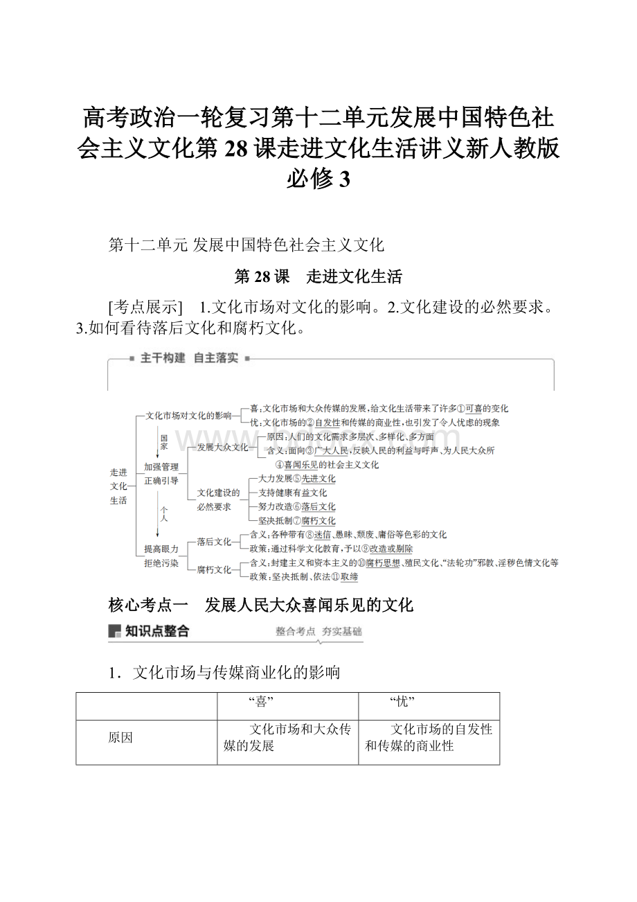 高考政治一轮复习第十二单元发展中国特色社会主义文化第28课走进文化生活讲义新人教版必修3.docx