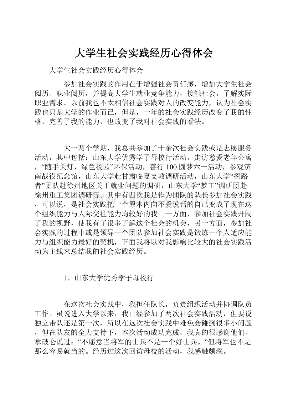 大学生社会实践经历心得体会.docx_第1页