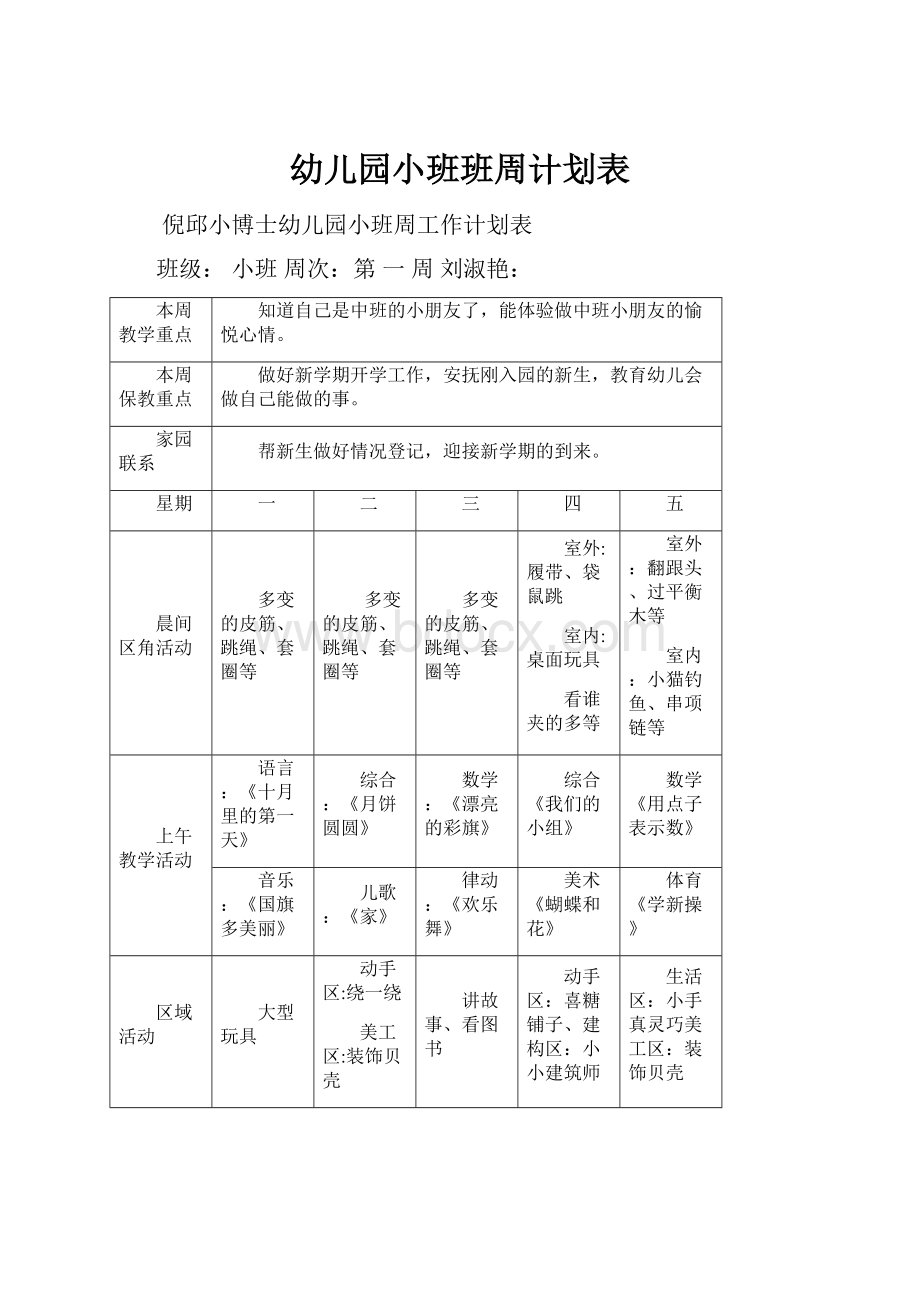 幼儿园小班班周计划表.docx_第1页