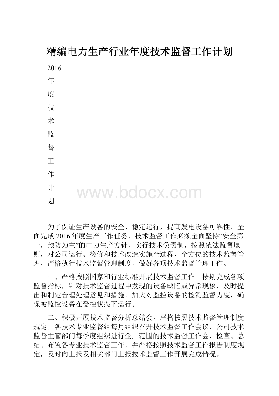 精编电力生产行业年度技术监督工作计划.docx