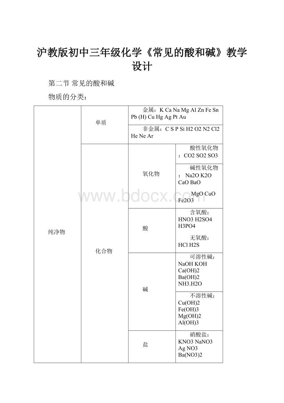 沪教版初中三年级化学《常见的酸和碱》教学设计.docx