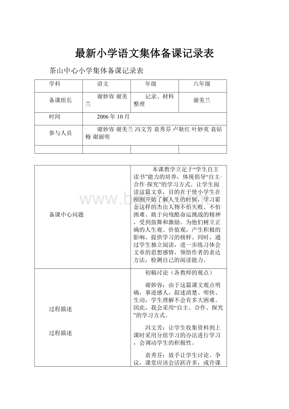 最新小学语文集体备课记录表.docx