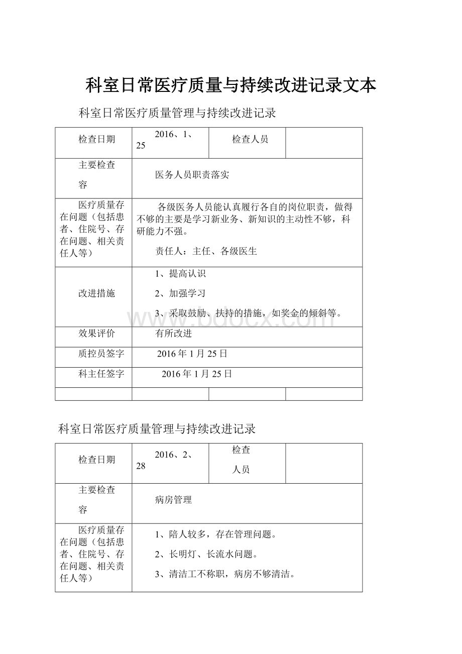 科室日常医疗质量与持续改进记录文本.docx