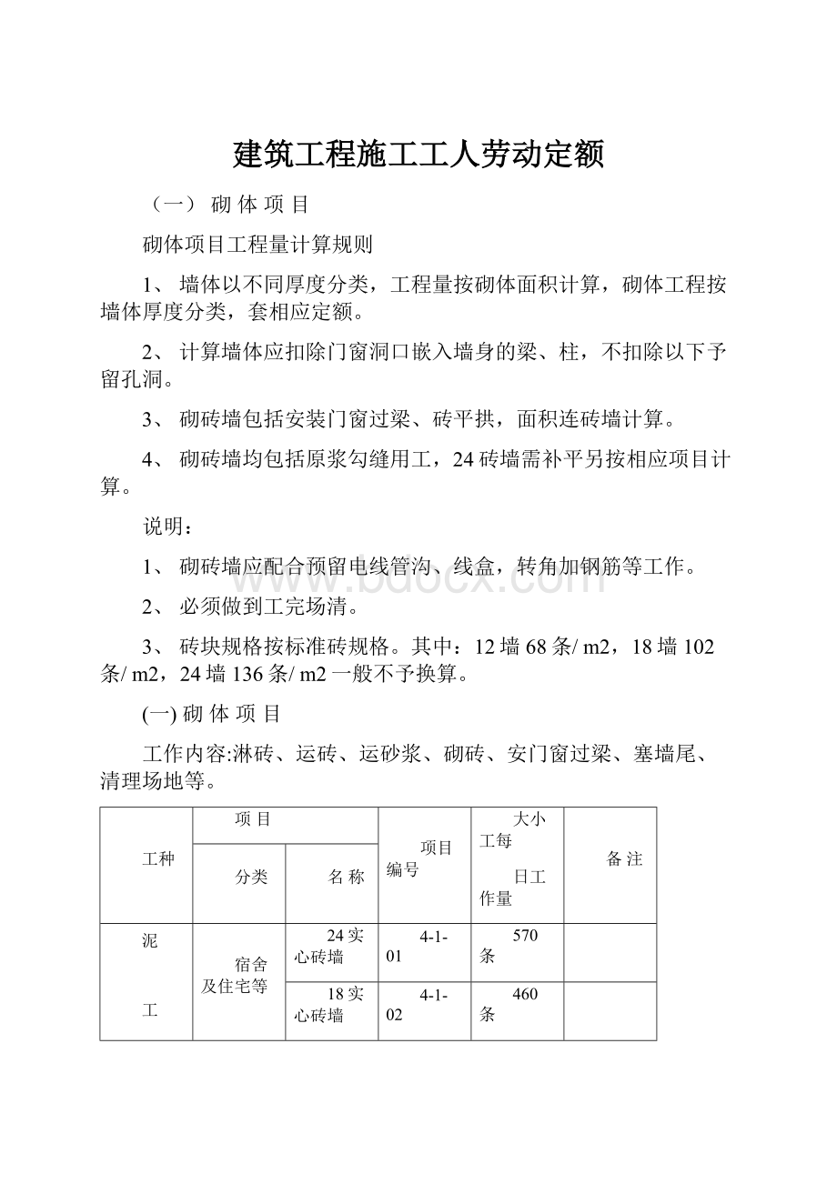 建筑工程施工工人劳动定额.docx