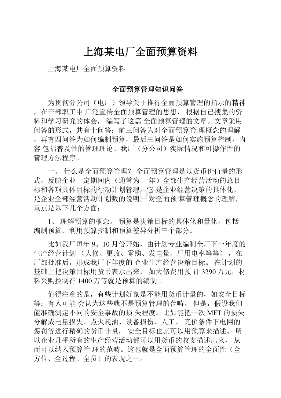 上海某电厂全面预算资料.docx