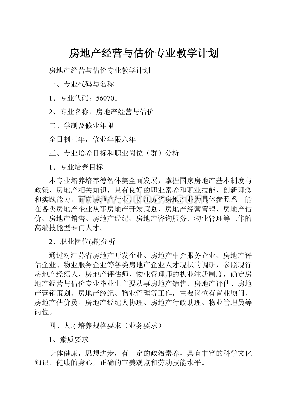 房地产经营与估价专业教学计划.docx_第1页