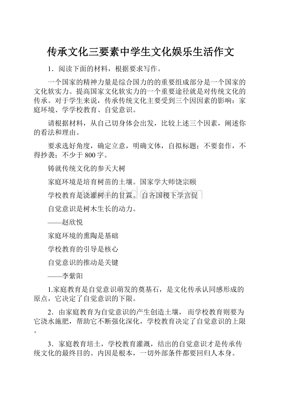 传承文化三要素中学生文化娱乐生活作文.docx_第1页