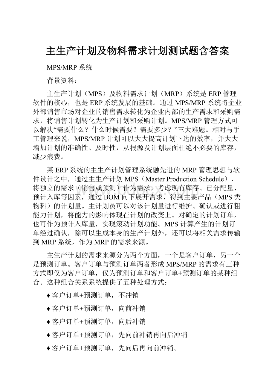 主生产计划及物料需求计划测试题含答案.docx_第1页