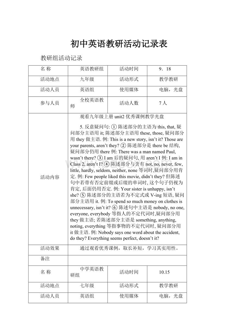 初中英语教研活动记录表.docx