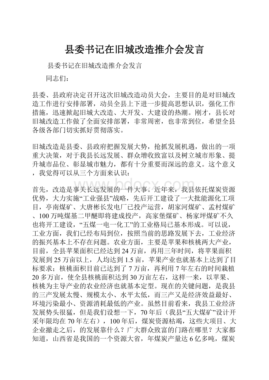 县委书记在旧城改造推介会发言.docx