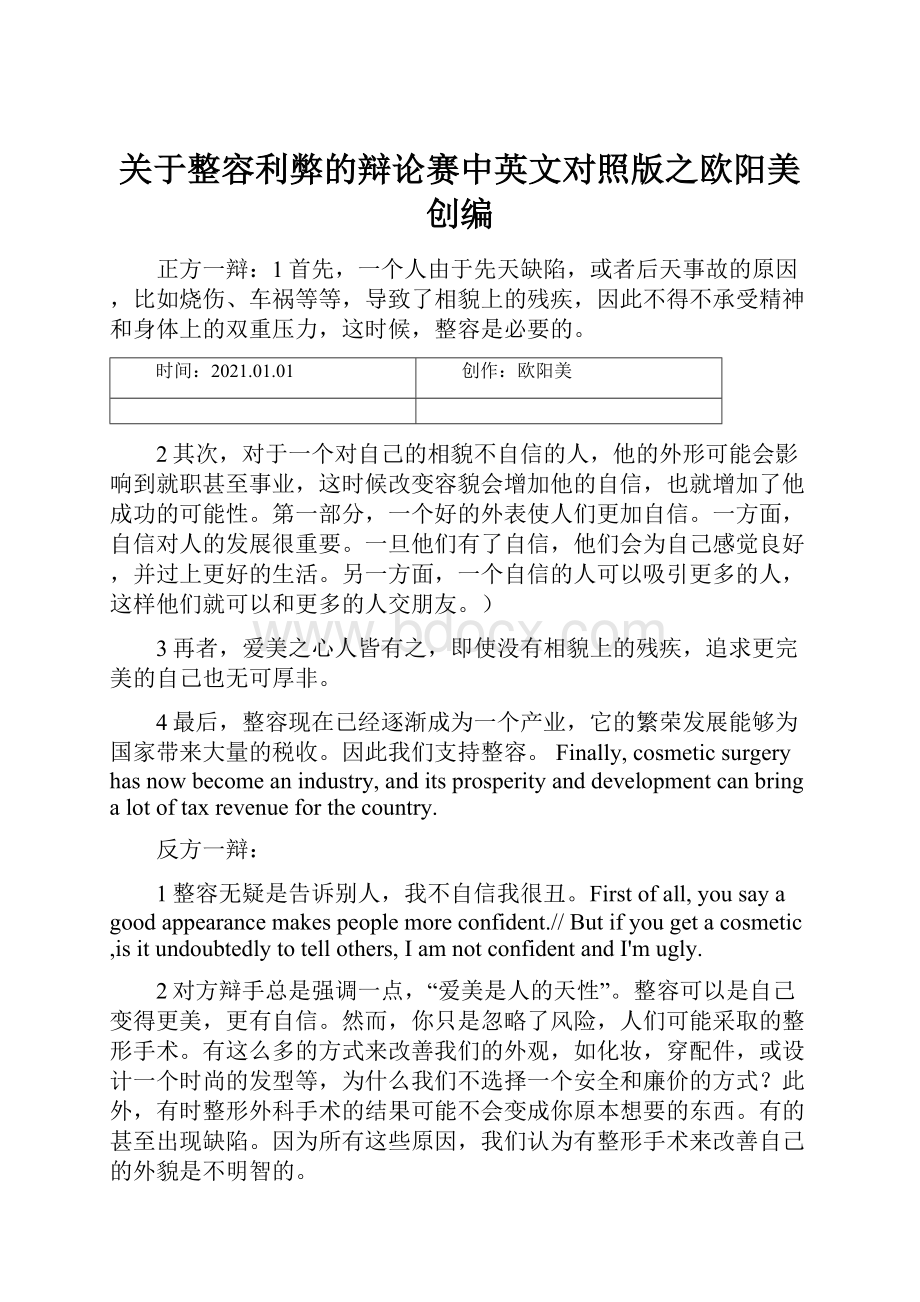 关于整容利弊的辩论赛中英文对照版之欧阳美创编.docx