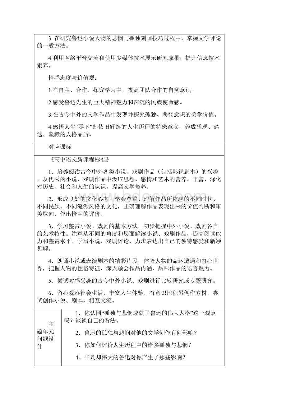 高中高二语文 感悟鲁迅的孤独与悲悯主题单元设计.docx_第3页