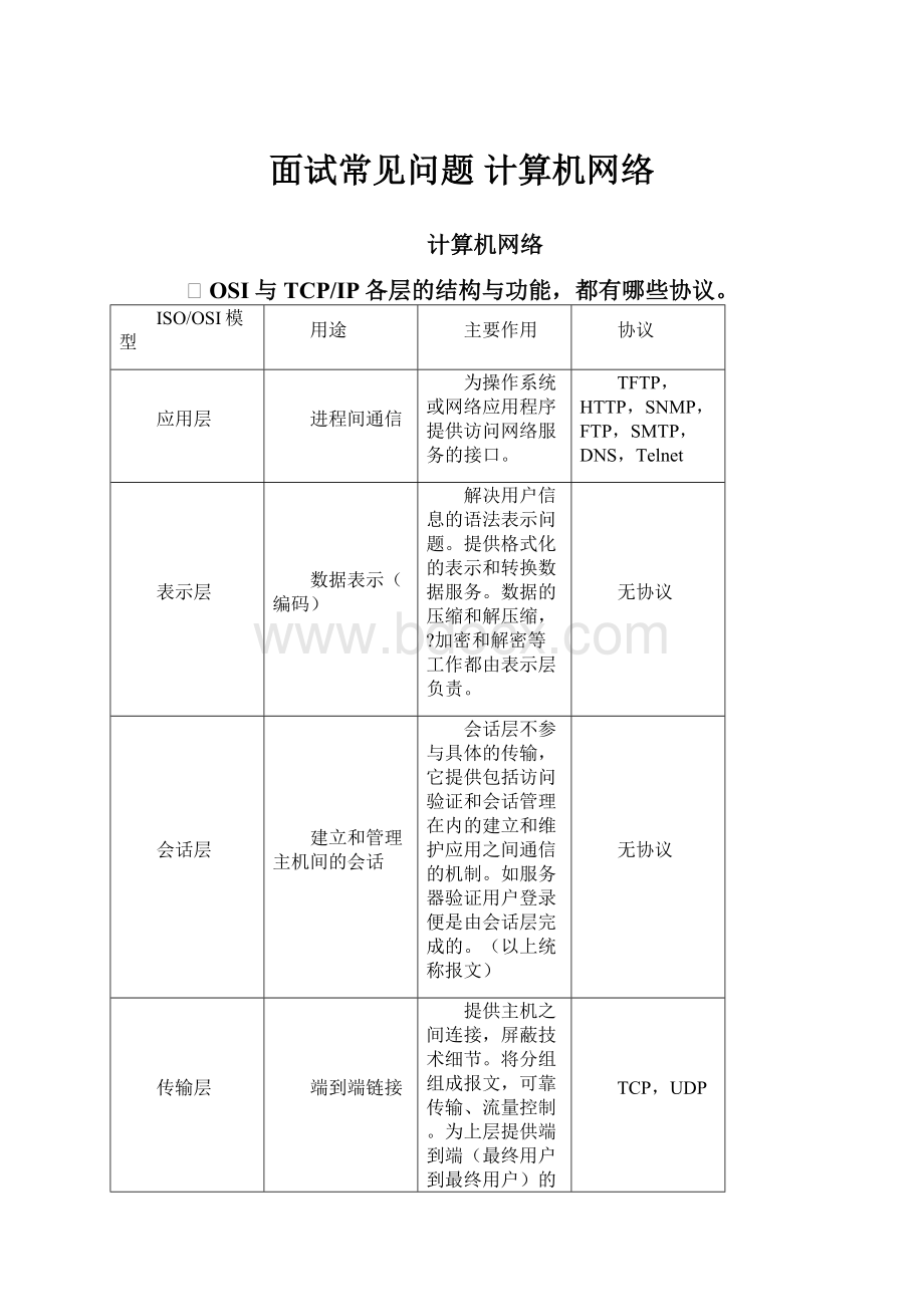 面试常见问题 计算机网络.docx