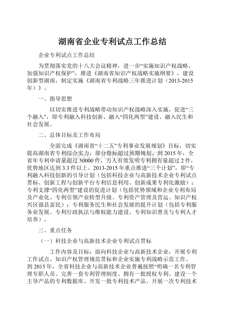 湖南省企业专利试点工作总结.docx