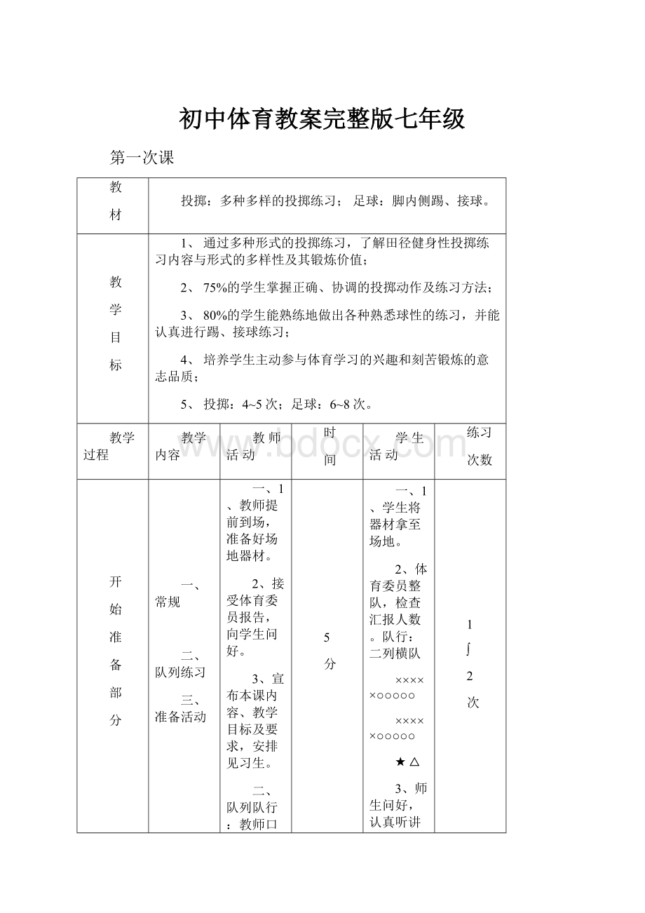 初中体育教案完整版七年级.docx_第1页