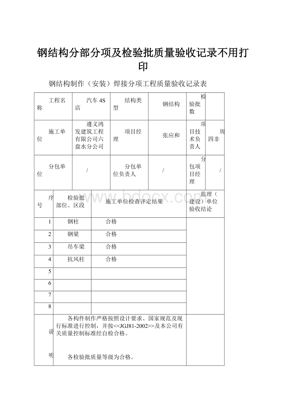 钢结构分部分项及检验批质量验收记录不用打印.docx