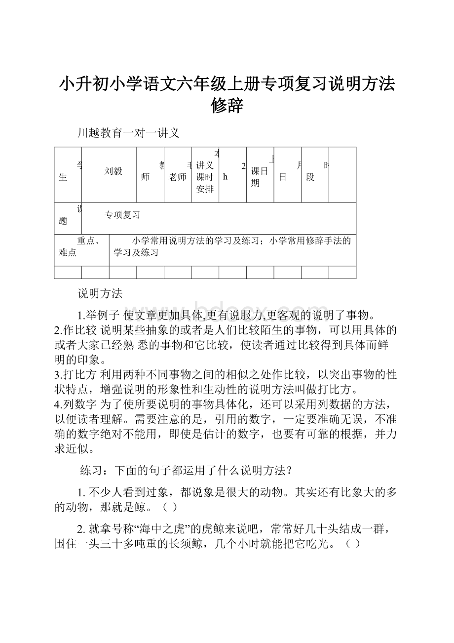 小升初小学语文六年级上册专项复习说明方法 修辞.docx