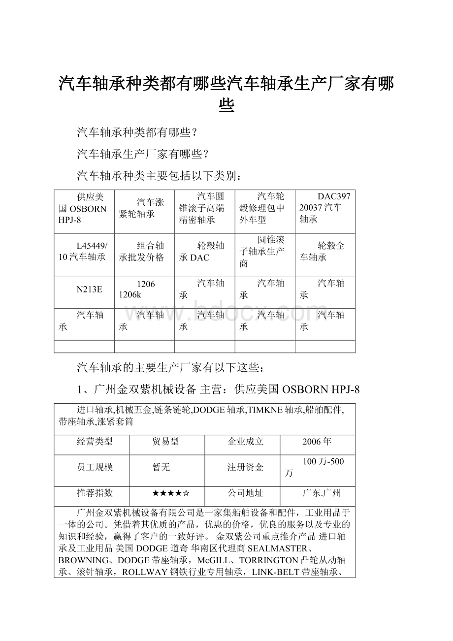 汽车轴承种类都有哪些汽车轴承生产厂家有哪些.docx_第1页