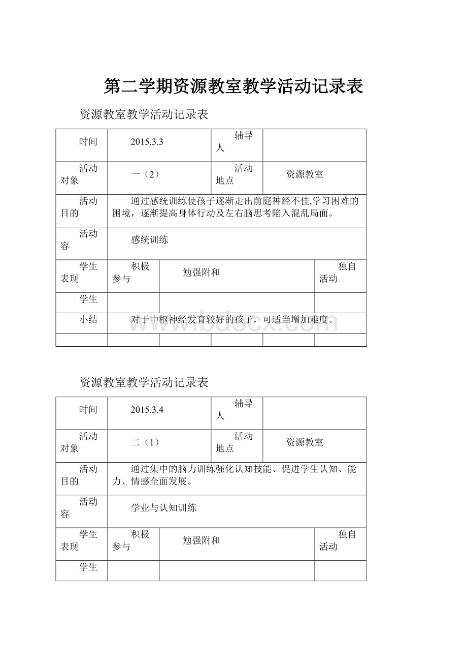 第二学期资源教室教学活动记录表.docx_第1页