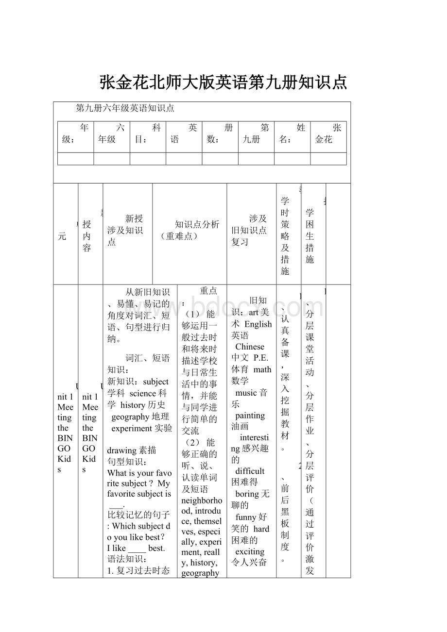 张金花北师大版英语第九册知识点.docx