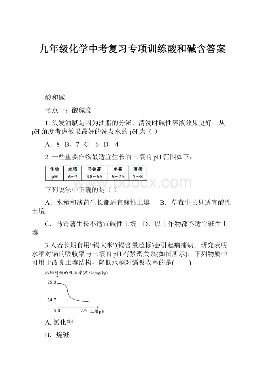 九年级化学中考复习专项训练酸和碱含答案.docx