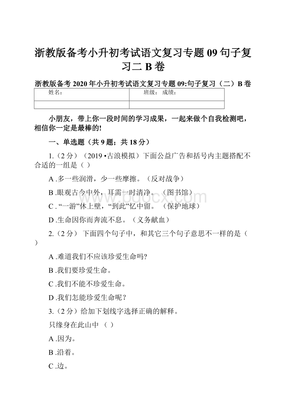 浙教版备考小升初考试语文复习专题09句子复习二B卷.docx