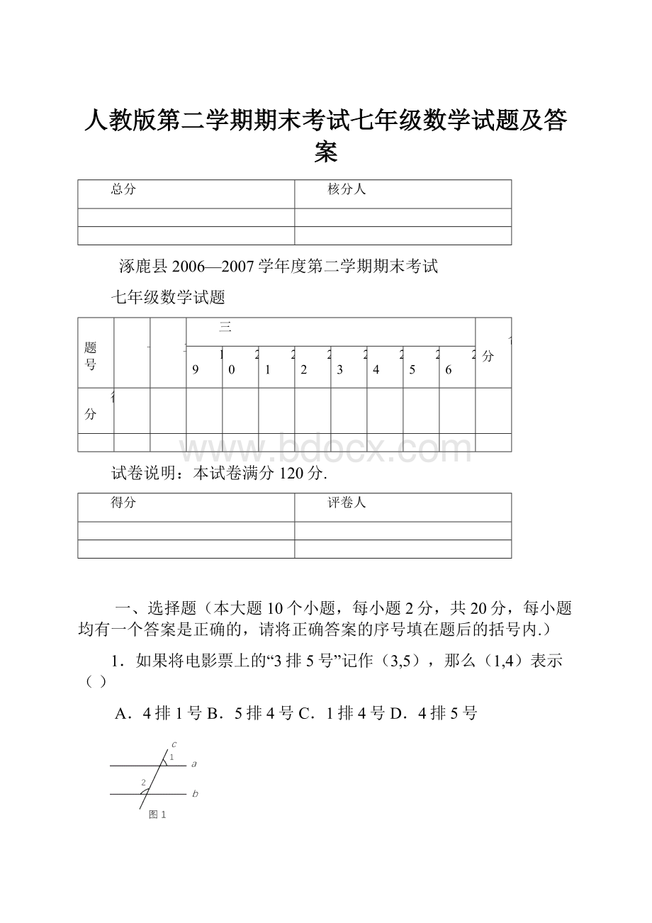 人教版第二学期期末考试七年级数学试题及答案.docx_第1页