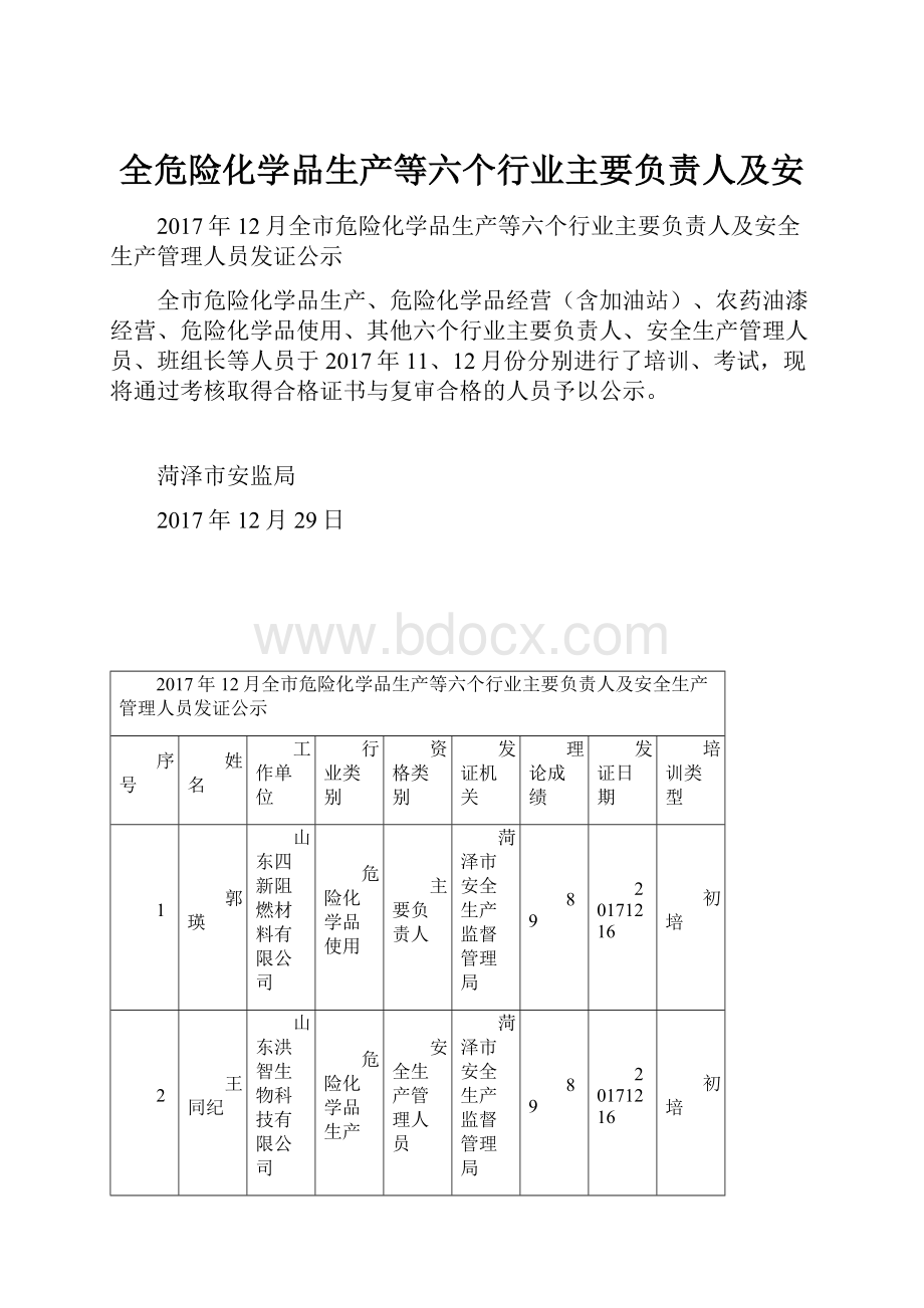 全危险化学品生产等六个行业主要负责人及安.docx