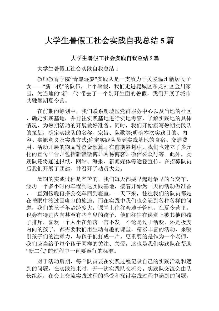 大学生暑假工社会实践自我总结5篇.docx