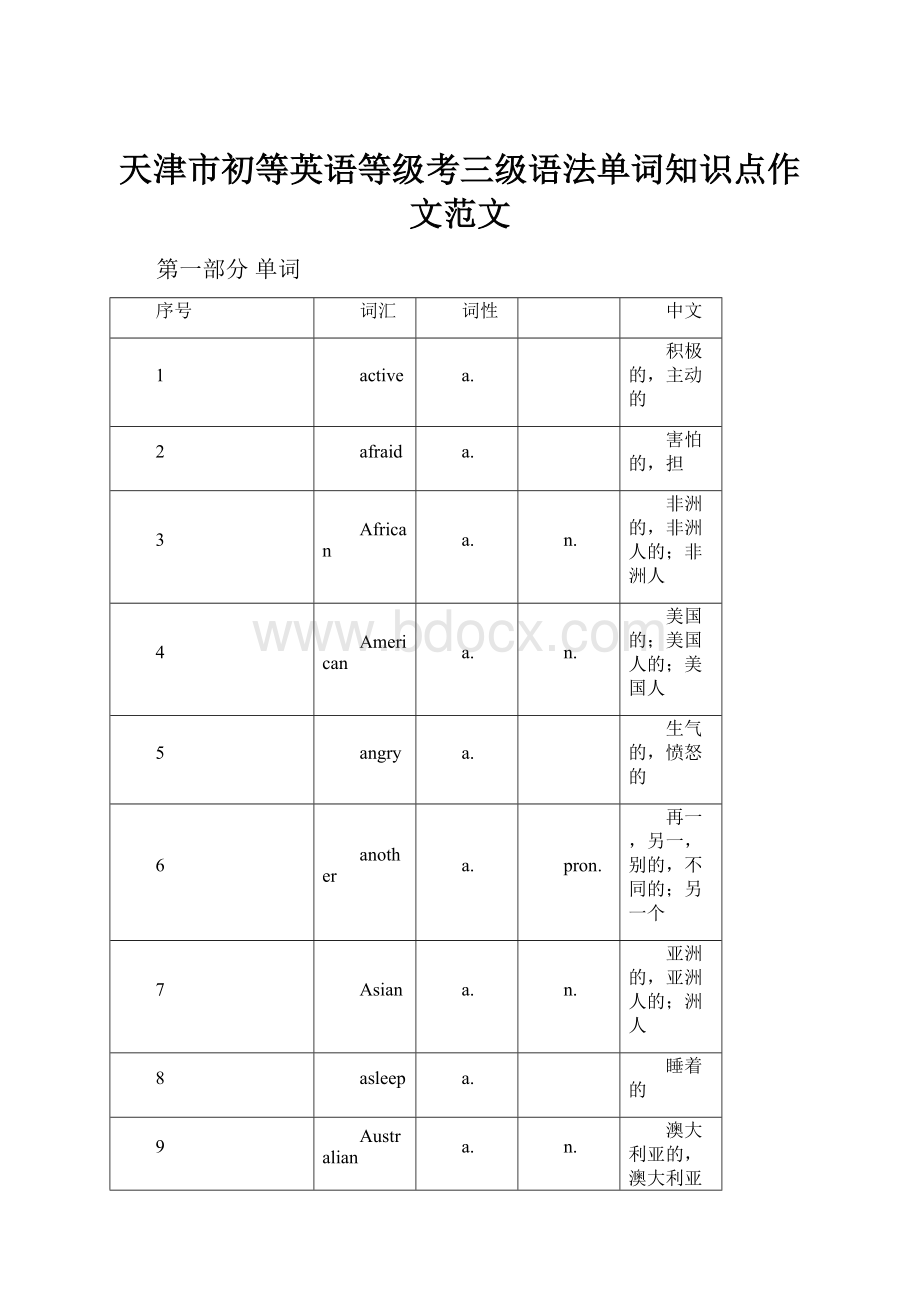 天津市初等英语等级考三级语法单词知识点作文范文.docx