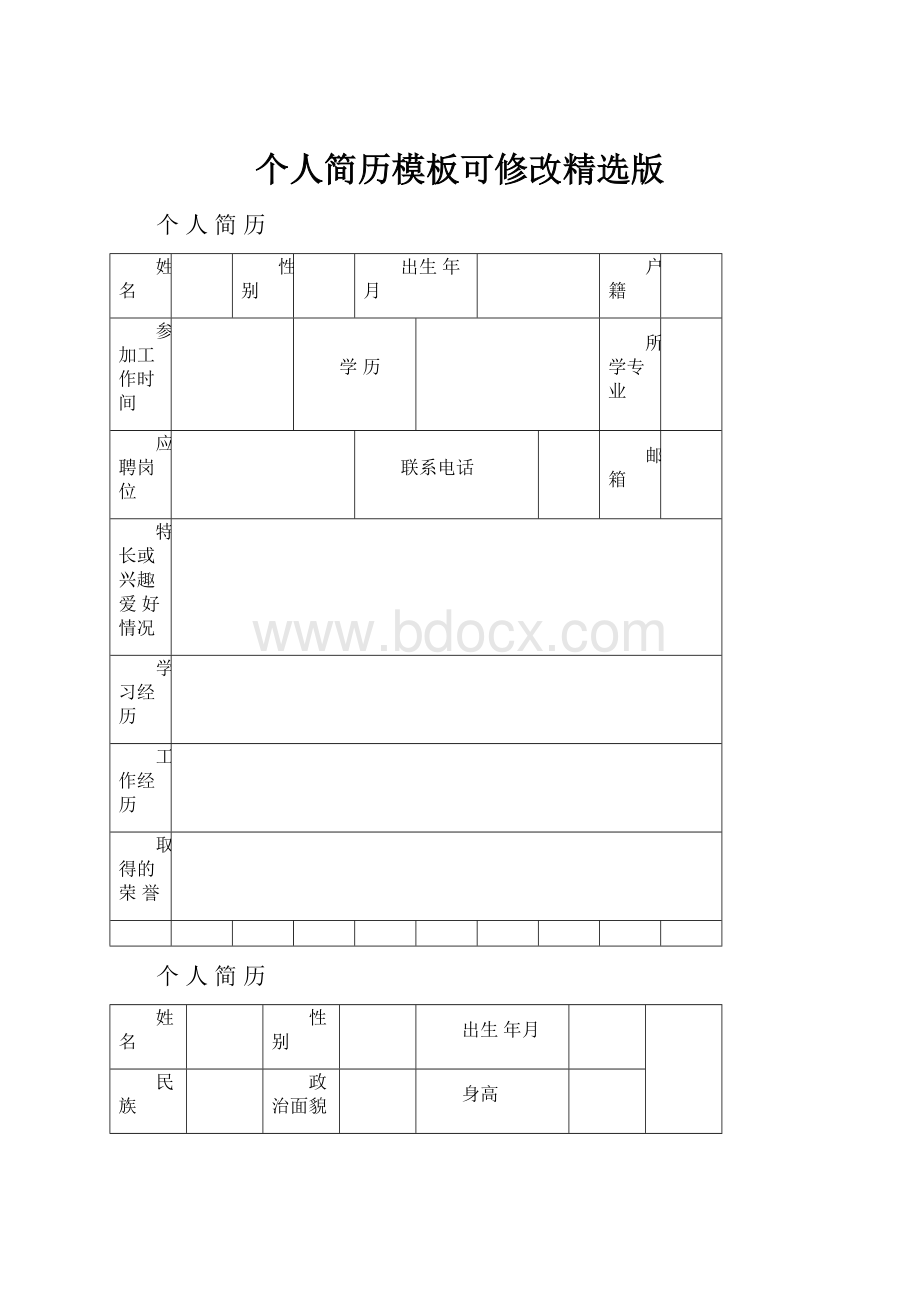 个人简历模板可修改精选版.docx_第1页