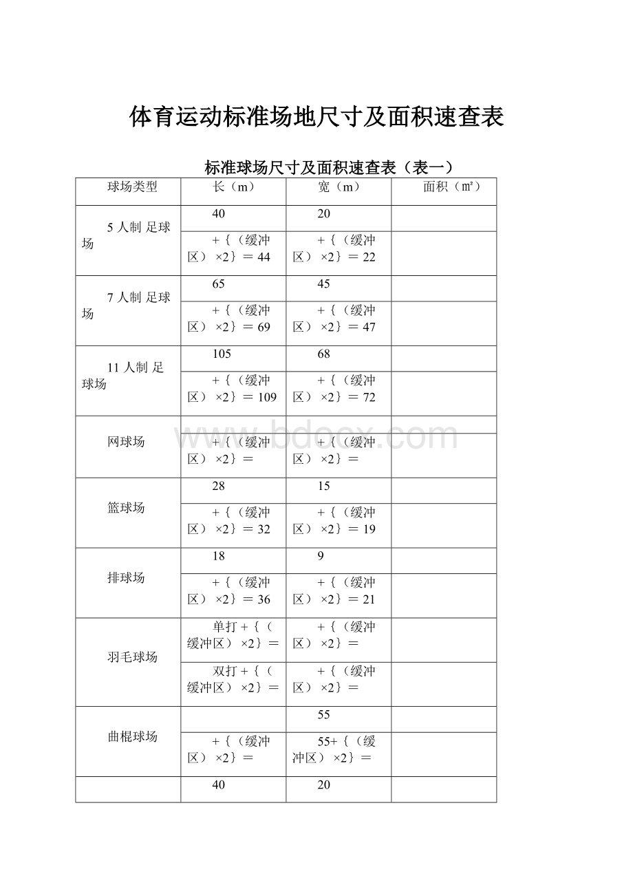 体育运动标准场地尺寸及面积速查表.docx