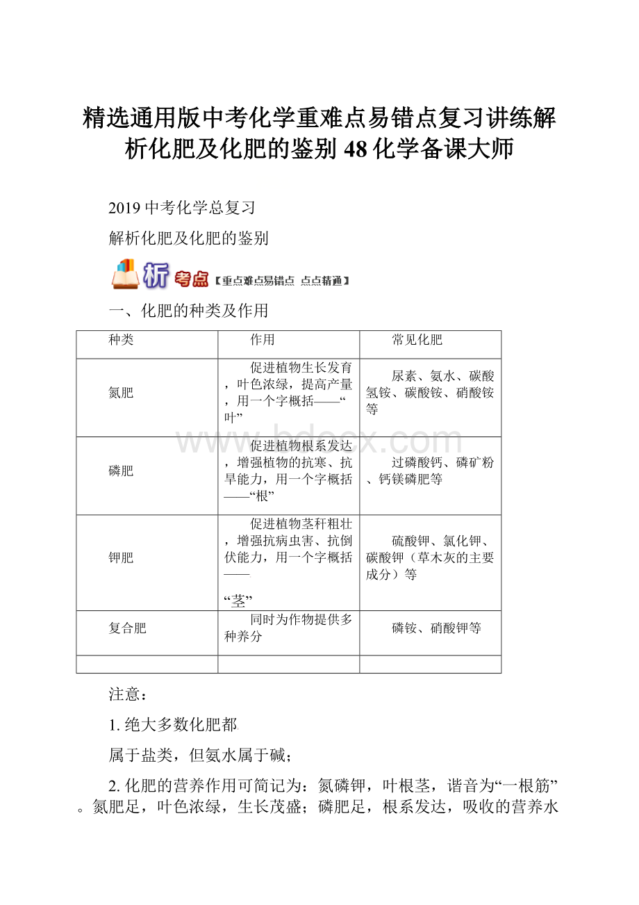 精选通用版中考化学重难点易错点复习讲练解析化肥及化肥的鉴别48化学备课大师.docx