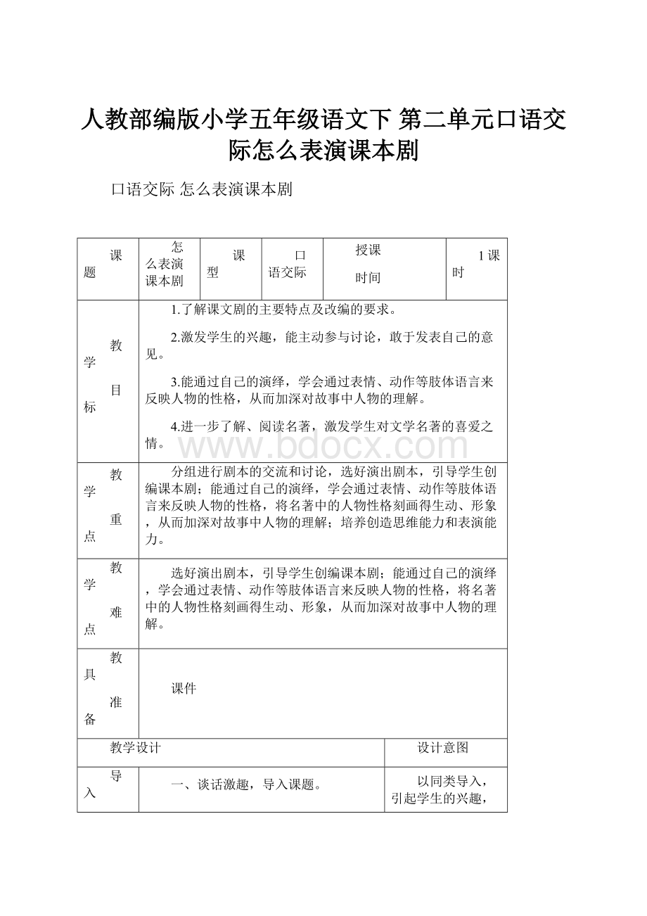 人教部编版小学五年级语文下 第二单元口语交际怎么表演课本剧.docx