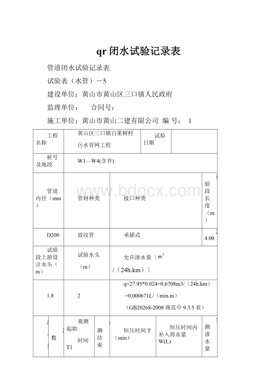 qr闭水试验记录表.docx_第1页