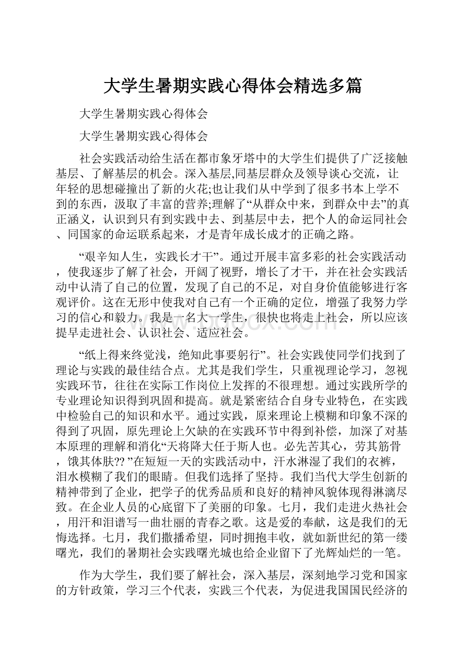 大学生暑期实践心得体会精选多篇.docx